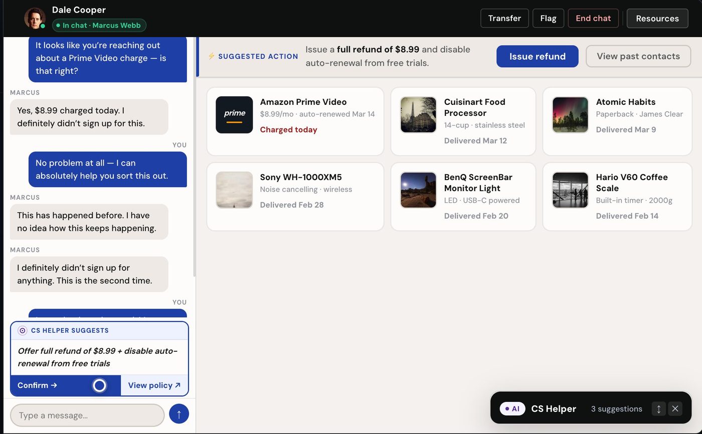CS Helper final design, suggestion visible in chat