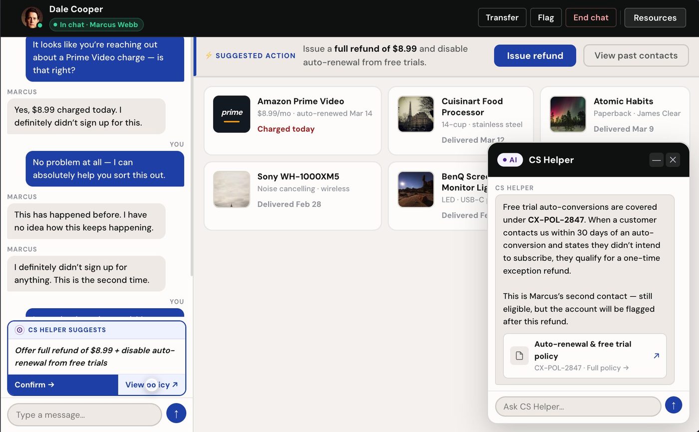 CS Helper final design, full panel with policy documentation