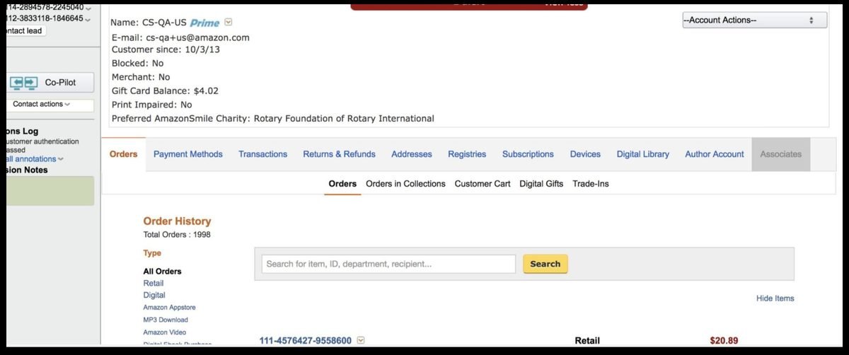 Legacy Amazon CS tool — dense tab-based interface with raw data fields